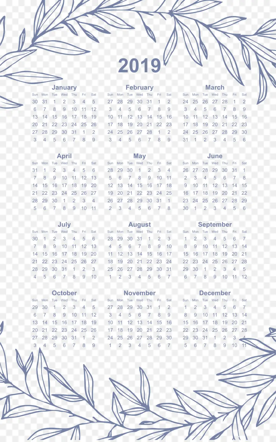 Kalender 2019，Biru PNG