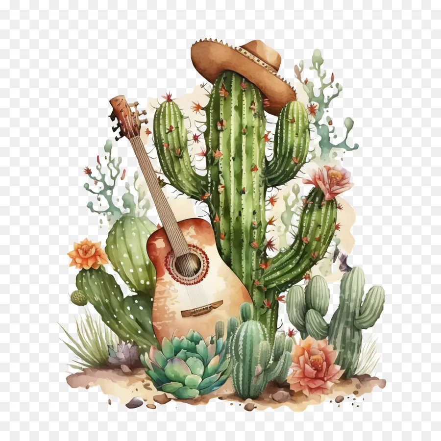 Cinco De Mayo，Cactus Bermain Gitar PNG