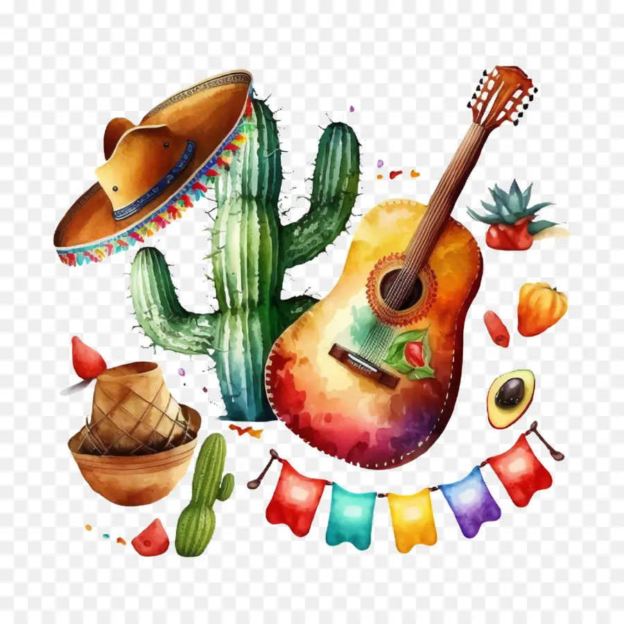 Cinco De Mayo，Cactus Bermain Gitar PNG