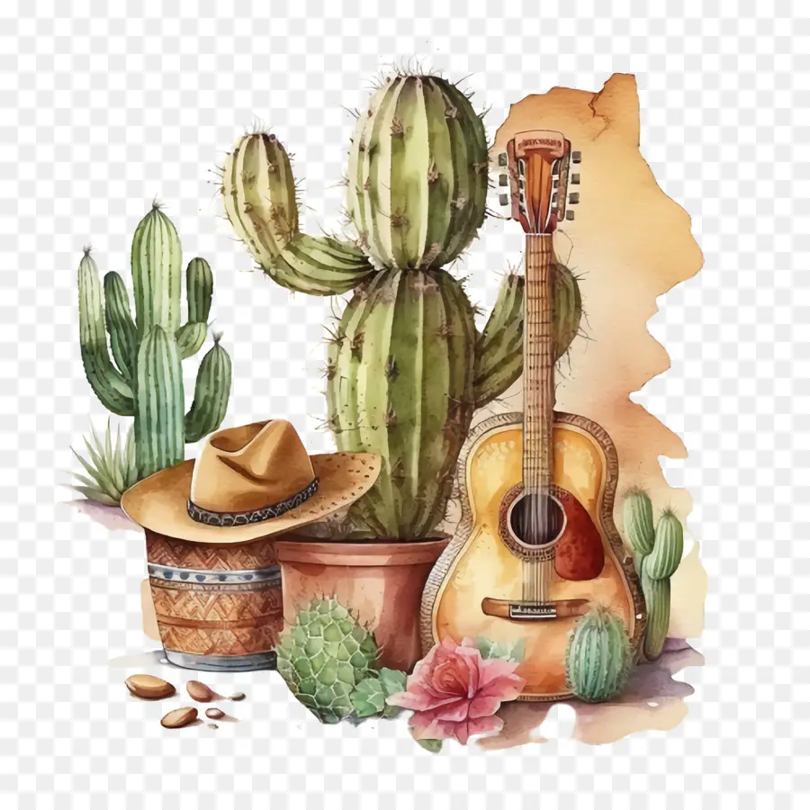 Cinco De Mayo，Cactus Bermain Gitar PNG