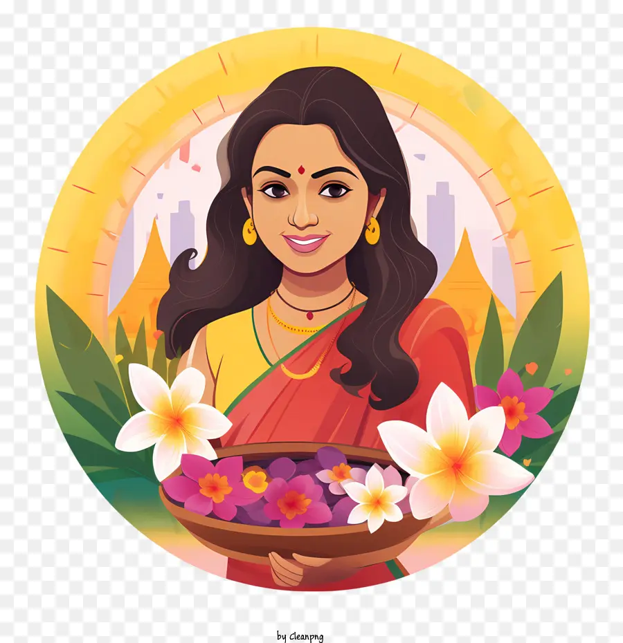 Onam，Wanita Dengan Bunga PNG