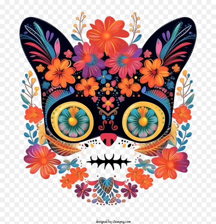 Dia De Los Muertos，Wajah Kucing Berwarna Warni PNG