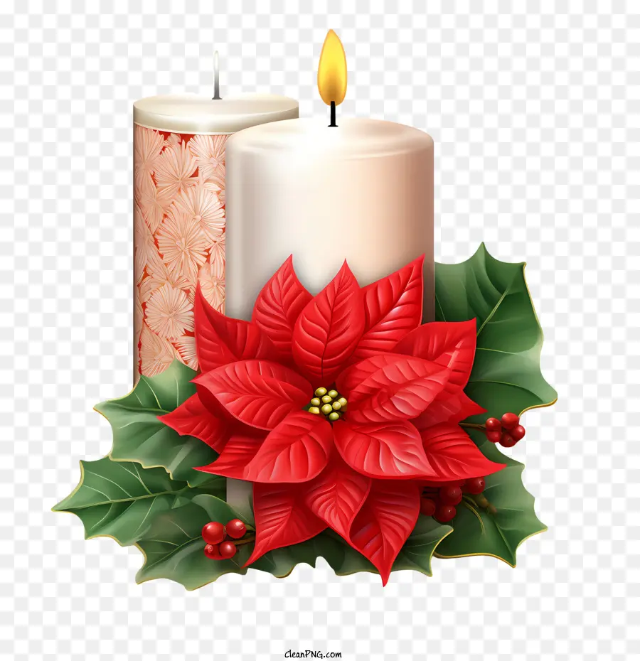 Lilin Natal，Lilin Dengan Poinsettia PNG