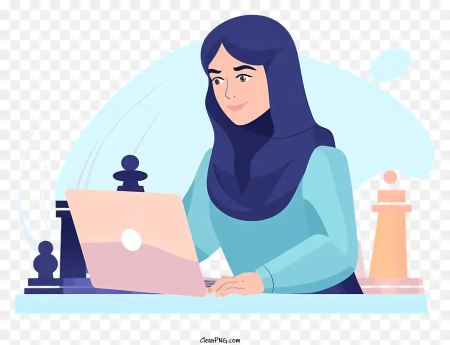 Wanita Bekerja Di Laptop，Hijab Biru PNG