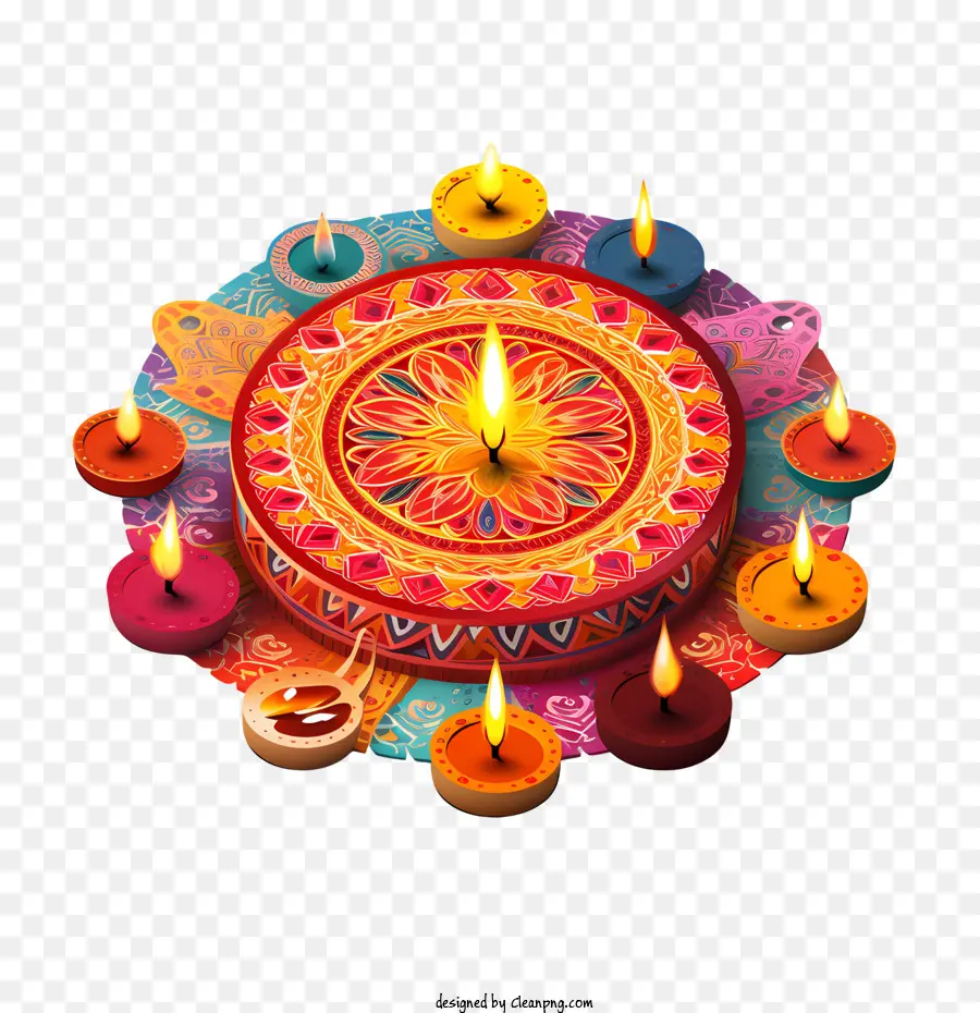 Diwali Rangoli Dan Diyas，Rangoli Dekoratif Dengan Lilin PNG