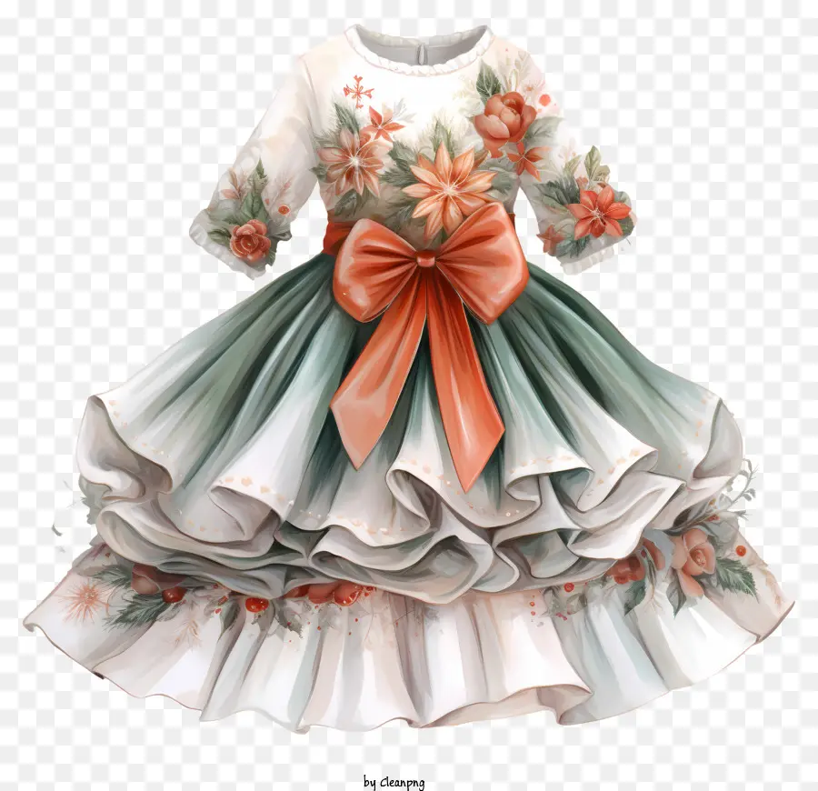 Gaun Putih，Bunga Hijau Dan Oranye PNG
