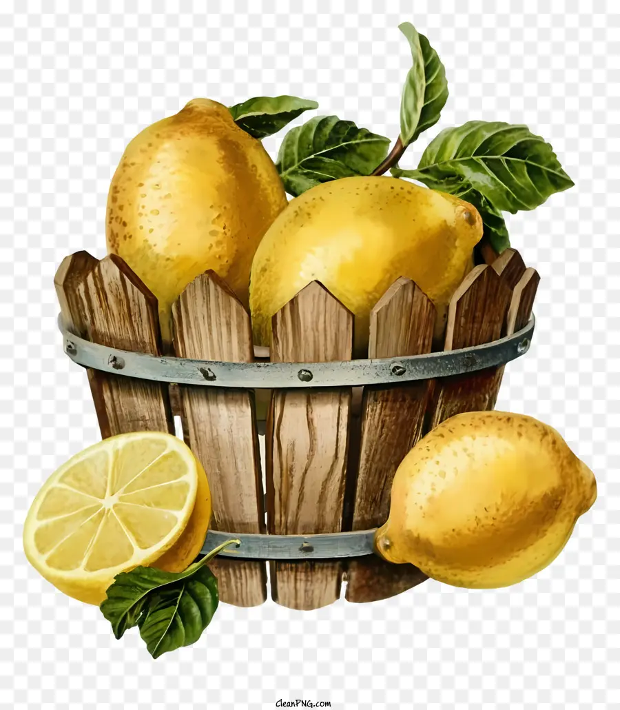 Keranjang Tenunan Kayu，Lemon Kuning Matang PNG