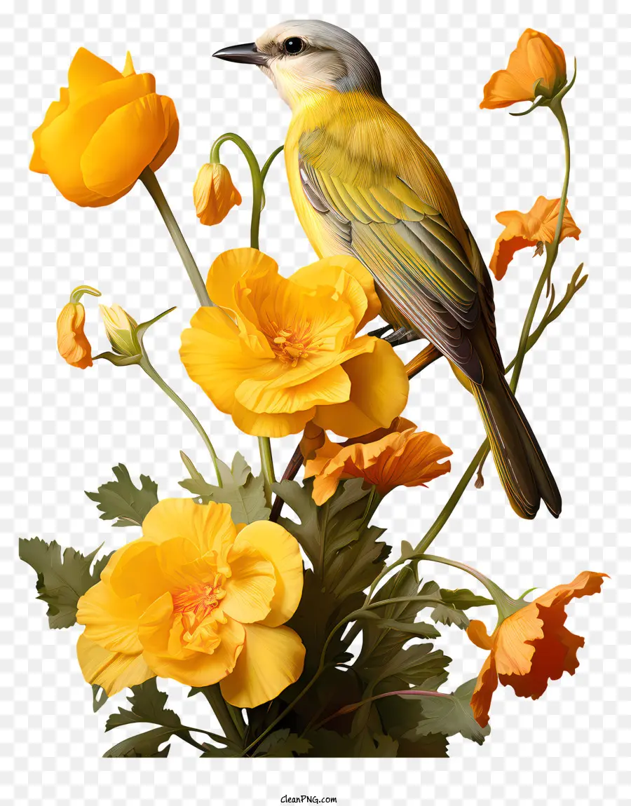 Burung Kuning，Bunga Oranye PNG