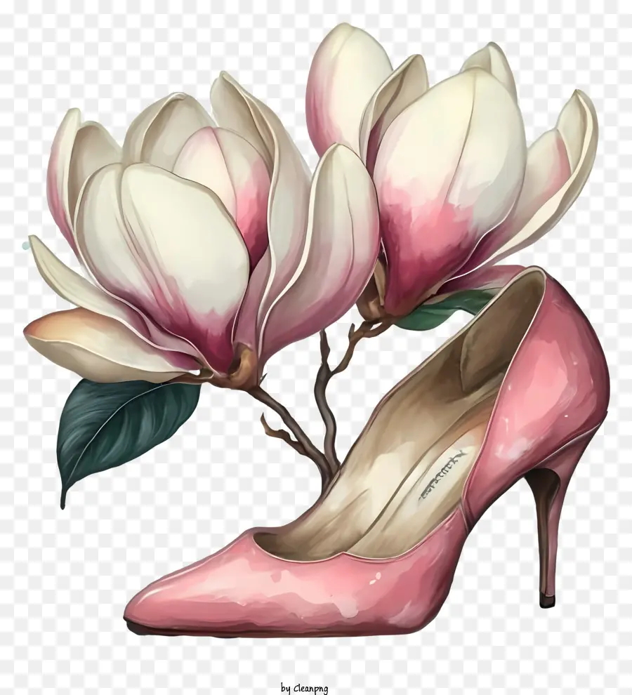Sepatu Tumit Tinggi Merah Muda，Bunga Di Atas Sepatu PNG