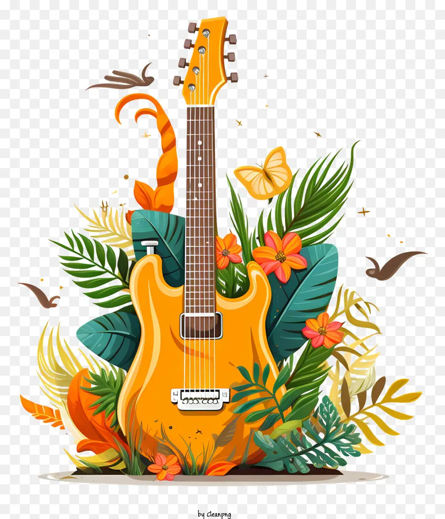 Gitar Kuning，Gitar Dengan Bunga PNG