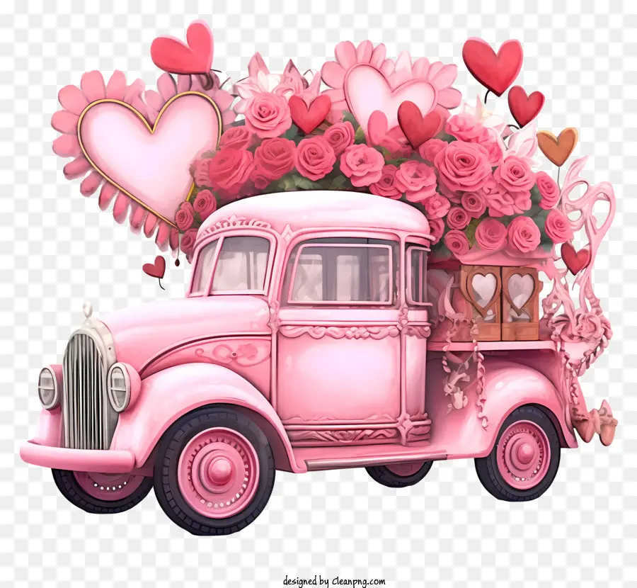 Kendaraan Valentine Seperti Mimpi，Truk Vintage Merah Muda PNG