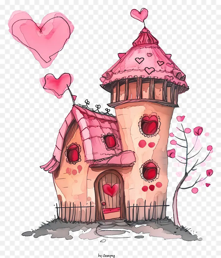 Rumah Valentine Yang Digambar Tangan，Pink Castle PNG