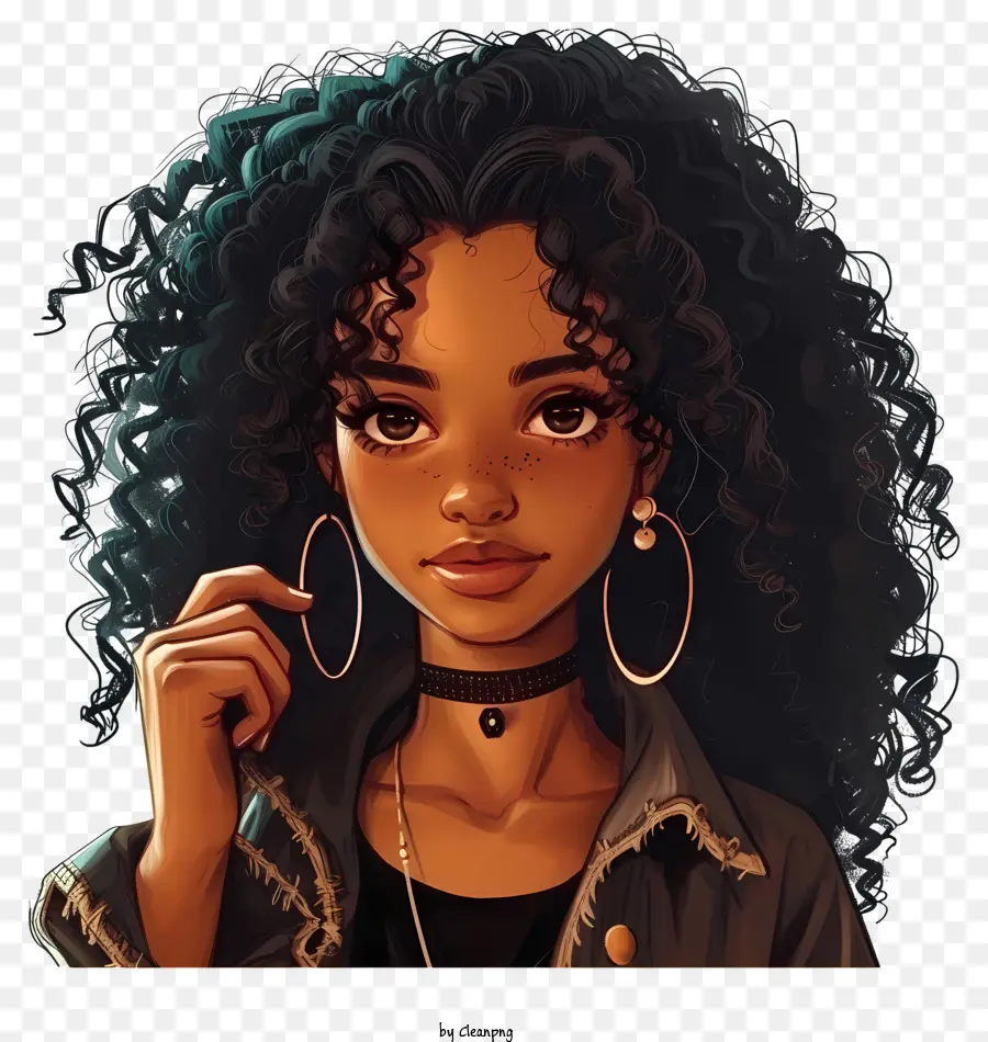 Ilustrasi Karakter Detail，Gadis Dengan Rambut Keriting PNG