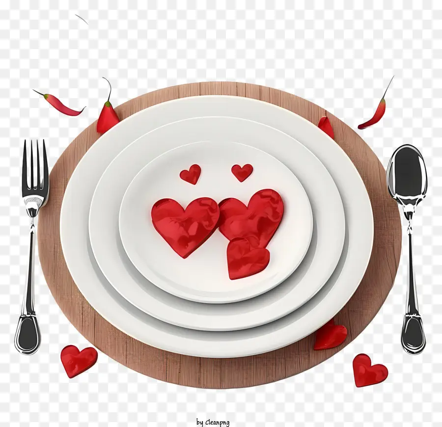 Psd 3d Romantic Dinner Set，Piring Dengan Hati PNG
