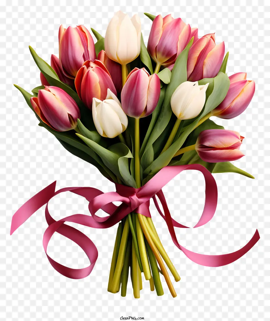 Karangan Bunga Tulips Gaya Realistis，Tulip Merah Muda Dan Putih PNG