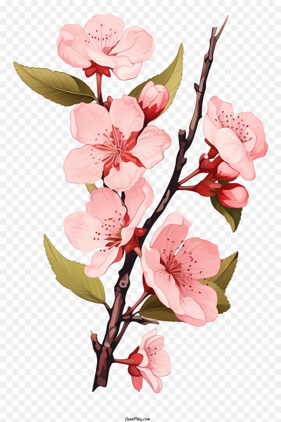 Doodle Style Cherry Branch Blossom，Bunga Merah Muda PNG