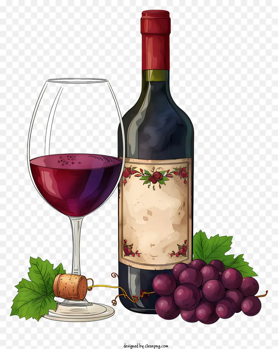 Botol Gaya Digambar Tangan Dengan Anggur Merah Dan Gelas，Anggur Merah PNG