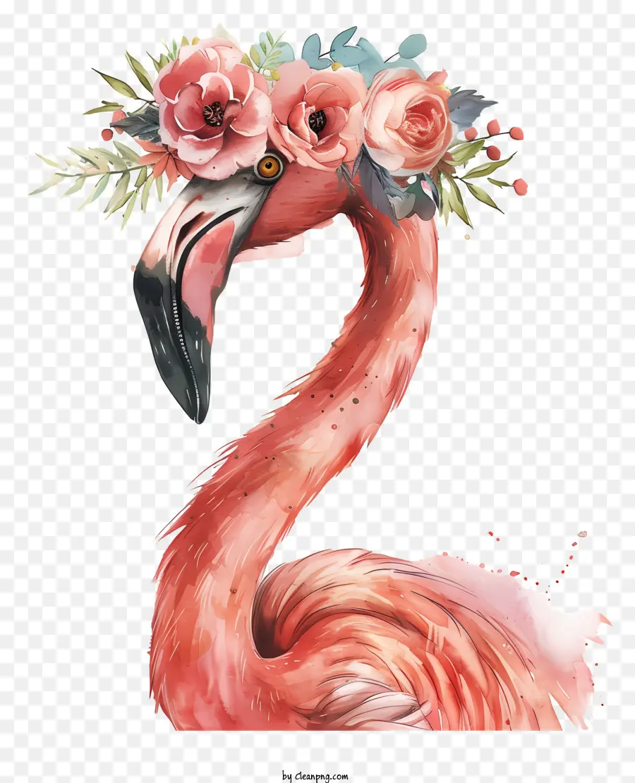Flamingo Dengan Mahkota Bunga，Lukisan Cat Air PNG