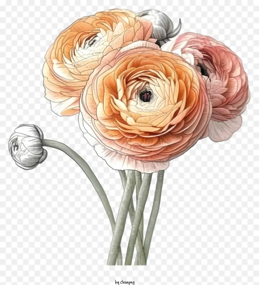 Bunga Ranunculus Yang Digambar Tangan，Mawar Oranye PNG