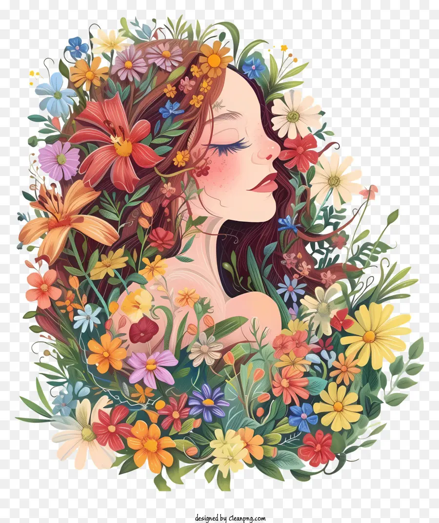 Wanita Fantasi Dengan Bunga，Lukisan PNG