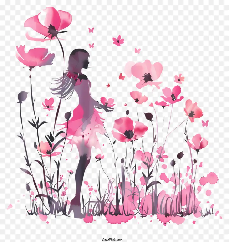 Seni Bunga Hari Wanita，Gadis Di Bidang Bunga Merah Muda PNG