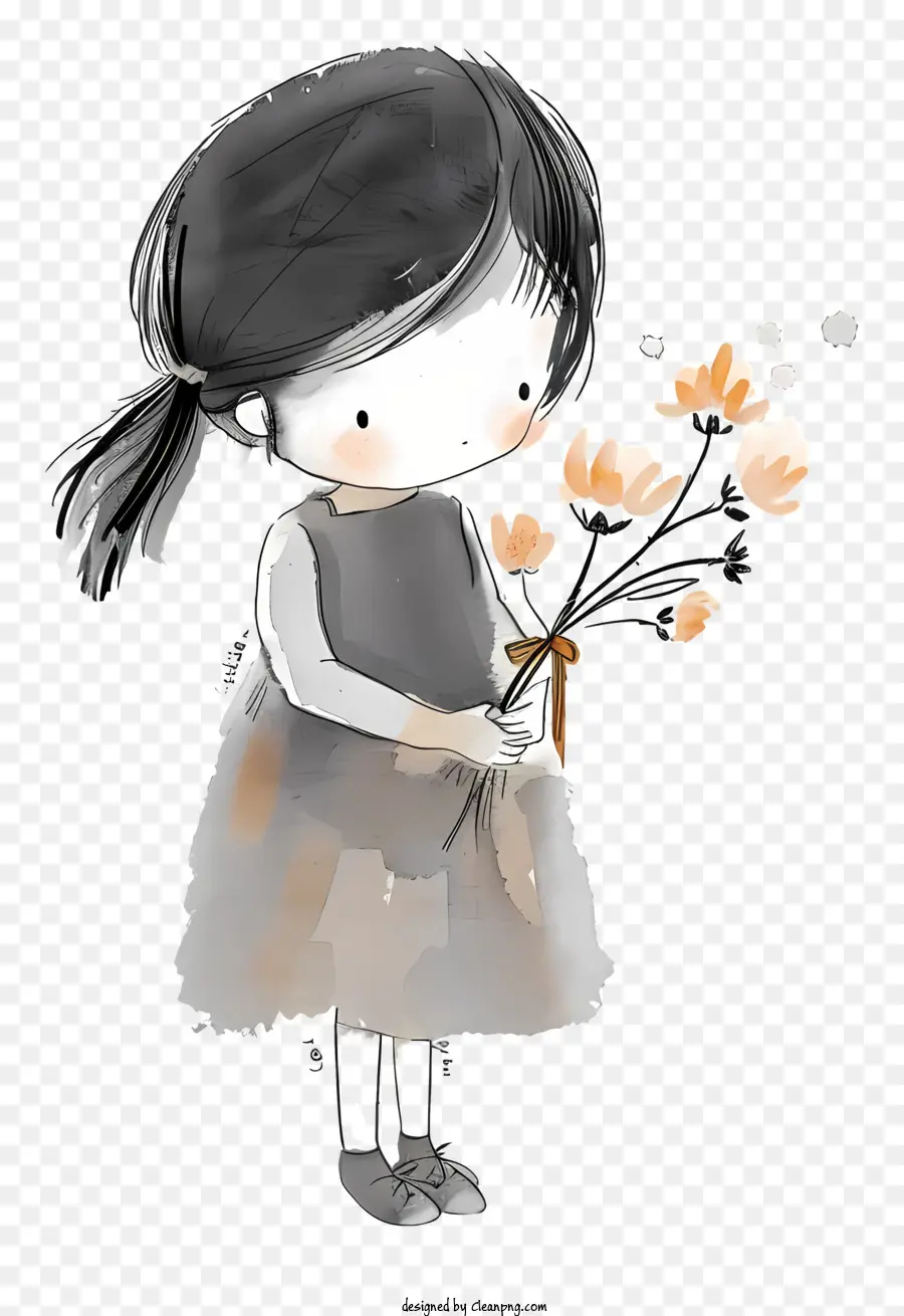 Gadis Itu Memegang Bunga，Cat Air Ilustrasi PNG