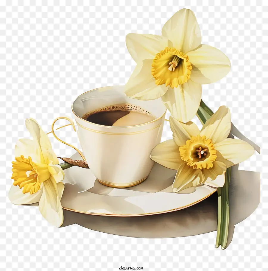 Waktu Minum Kopi Musim Semi，Cangkir Kopi Dengan Daffodil PNG