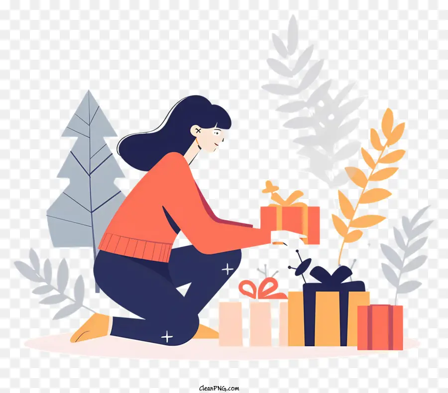 Wanita Memegang Kotak Hadiah，Pohon Natal PNG