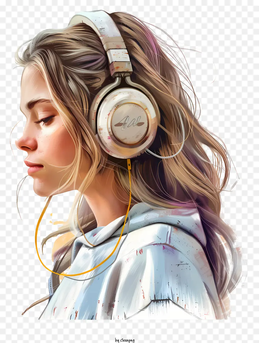 Wanita Dengan Headphone，Lukisan Digital PNG