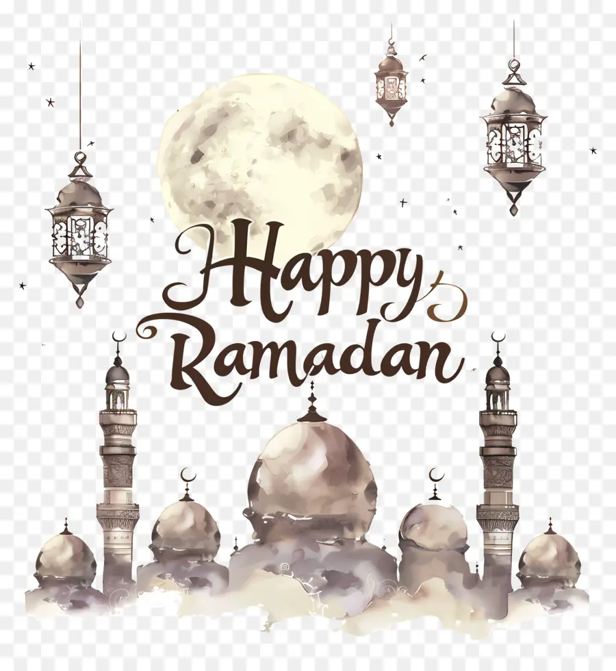 Happy Ramadhan，Lukisan Cat Air PNG