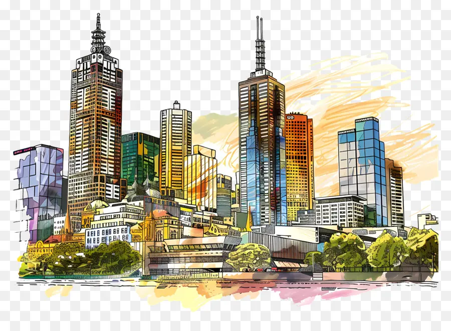 Kaki Langit Kota Melbourne，Lukisan Cat Air PNG