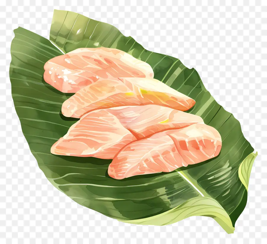 Daging Ayam，Salmon Di Atas Daun PNG