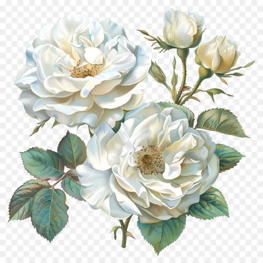 Mawar Putih，Hijau Daun PNG