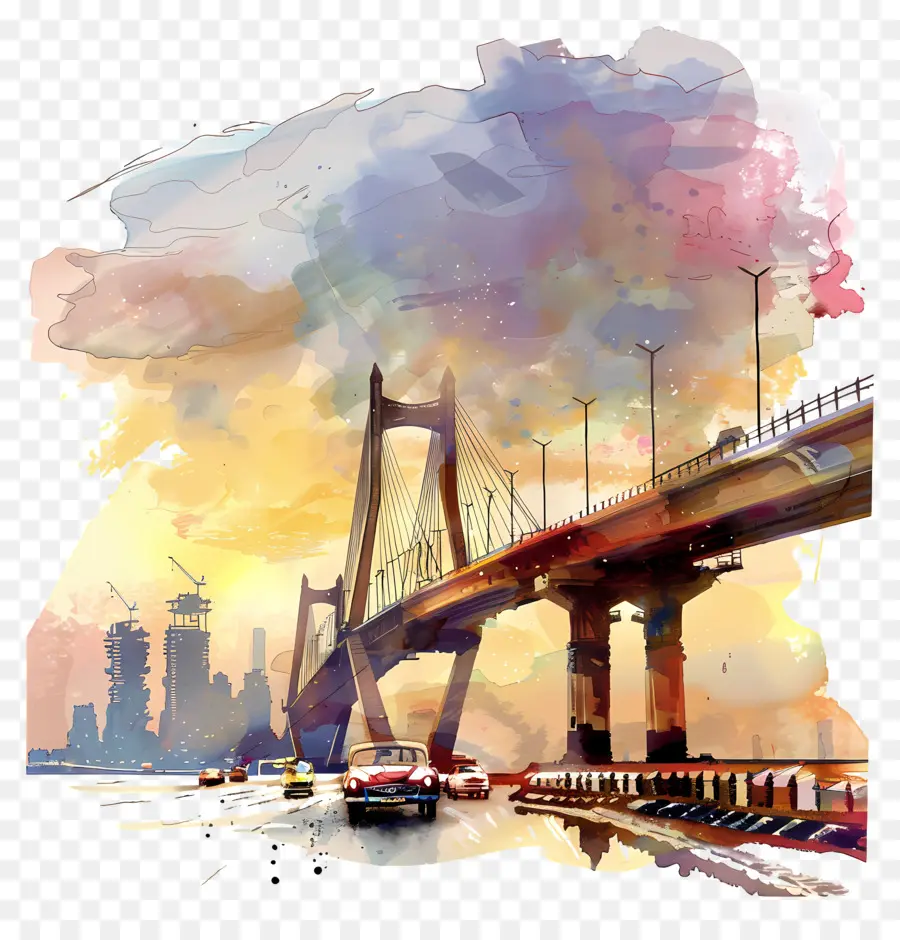 Jembatan Mumbai，Lukisan Cat Air PNG