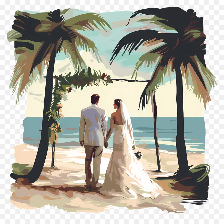 Pernikahan Pantai，Lukisan Cat Air PNG