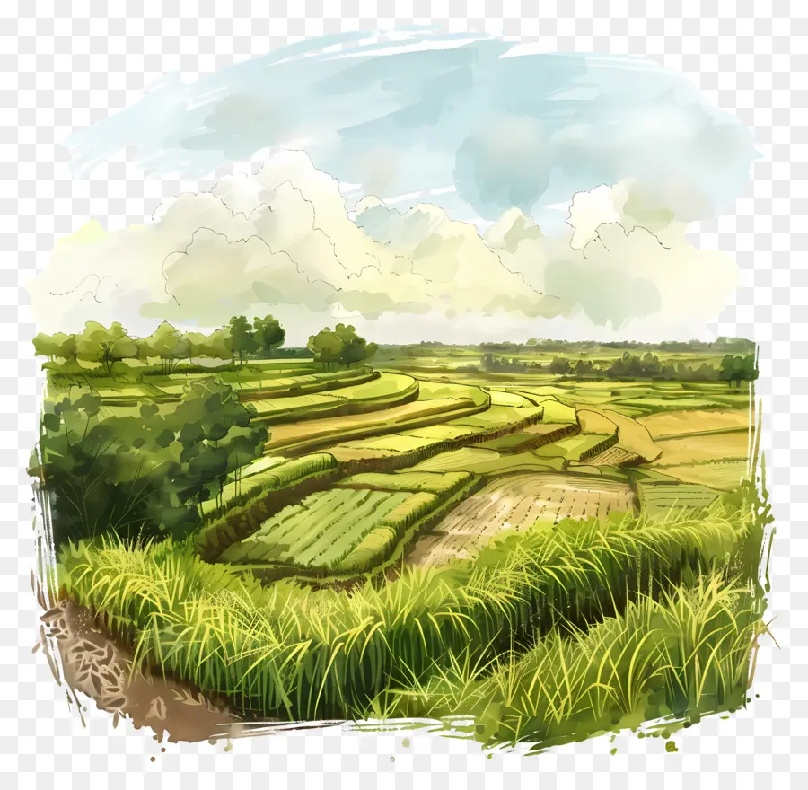 Sawah，Lukisan Cat Air PNG