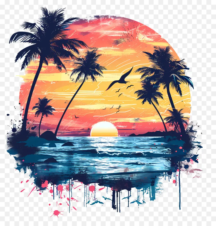 Musim Panas Dimulai，Lukisan Matahari Terbenam Tropis PNG
