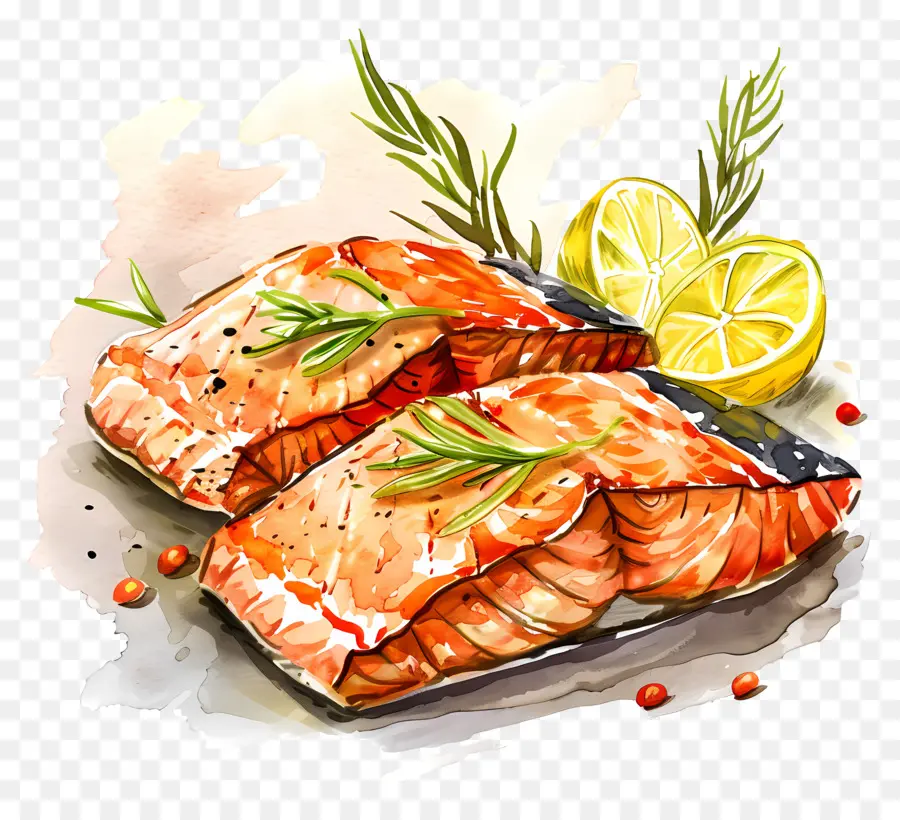 Salmon Panggang，Lukisan Cat Air PNG