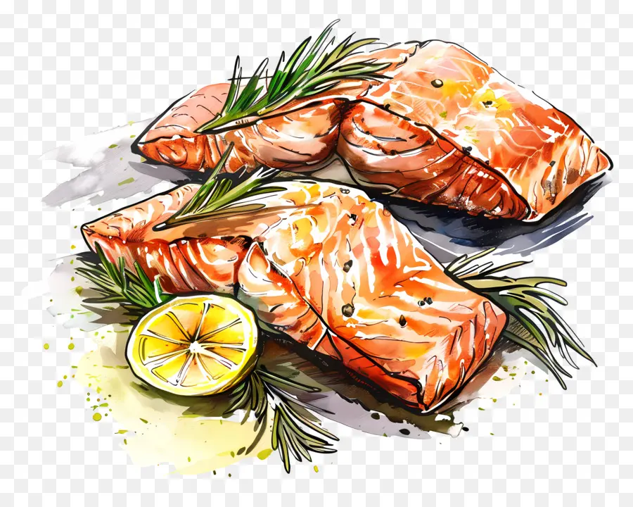 Salmon Panggang，Cat Air Ilustrasi PNG