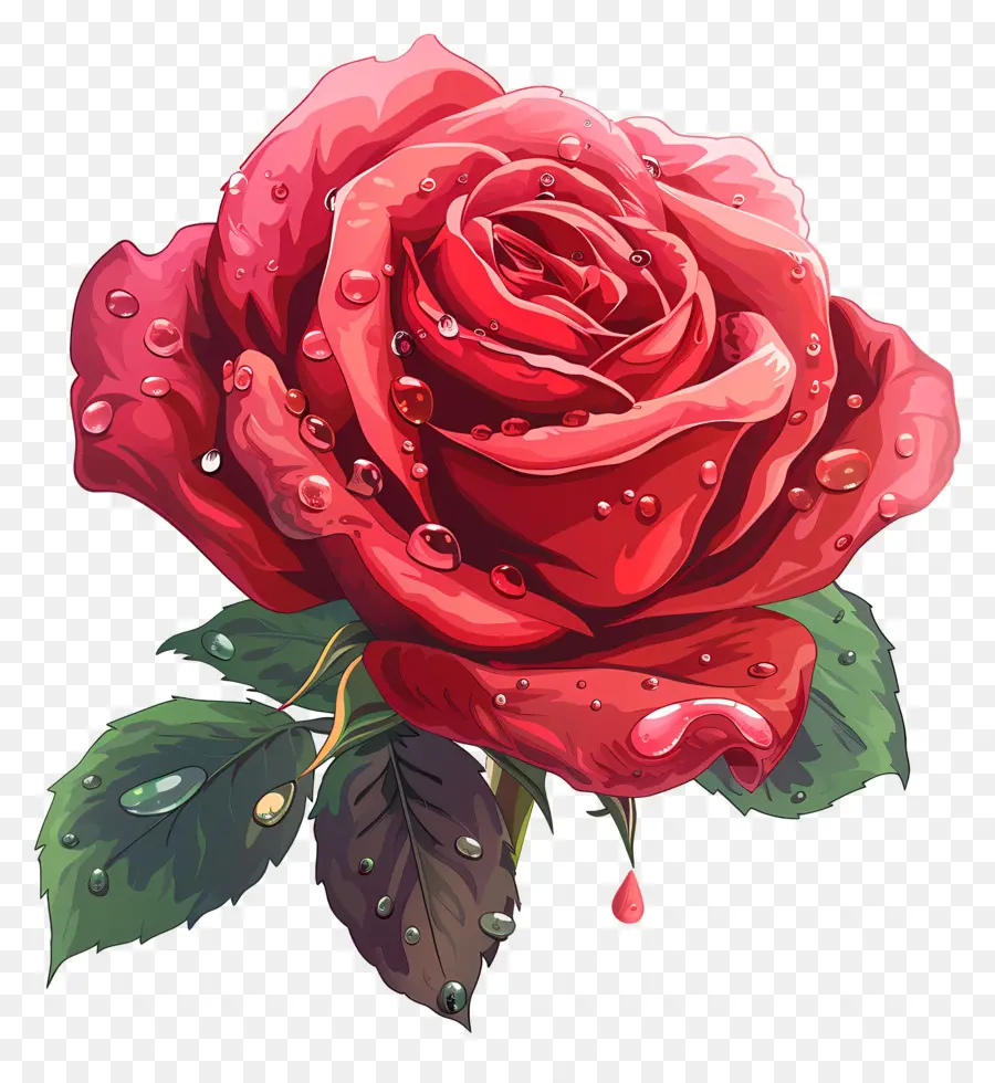 Rose With Dew Drops，Mawar Merah PNG