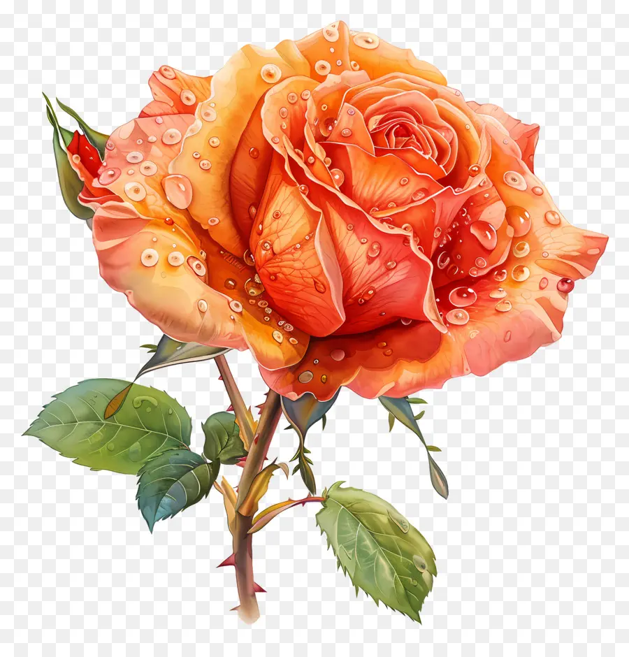 Rose With Dew Drops，Oranye Mawar PNG