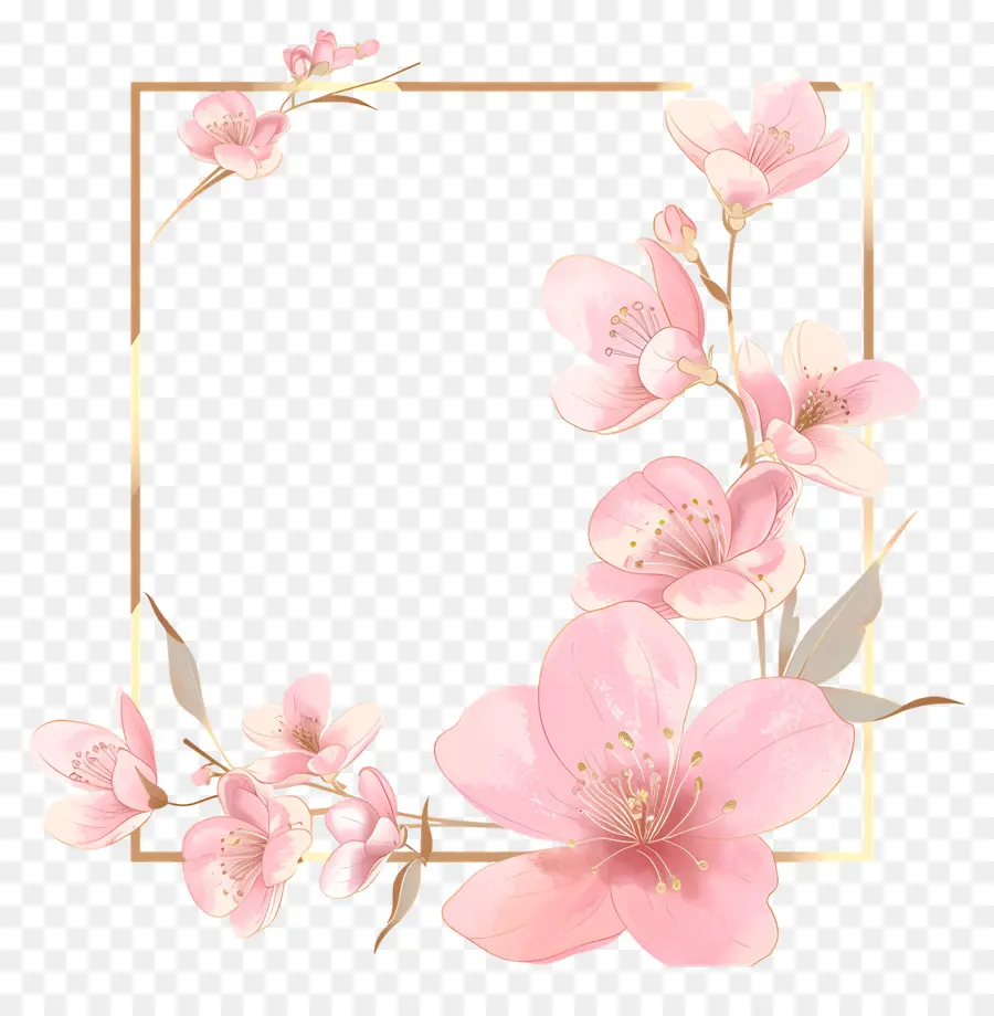 Bingkai Garis Emas，Bunga Sakura PNG