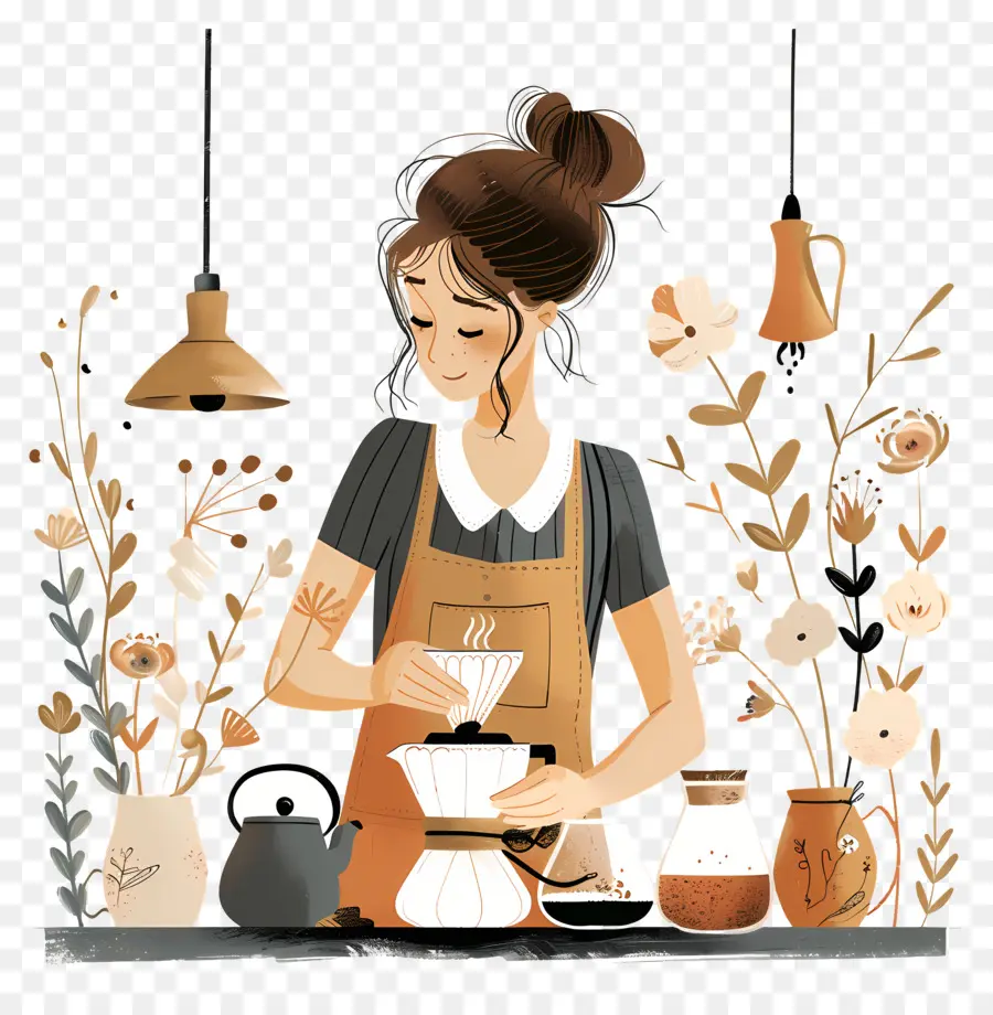 Barista Girl Making Coffee，Wanita PNG