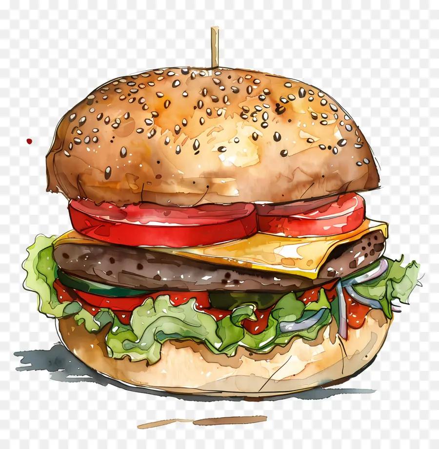 Burger，Lukisan Cat Air PNG