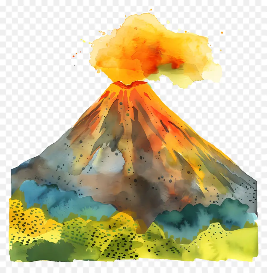 Gunung Berapi，Lukisan Cat Air PNG