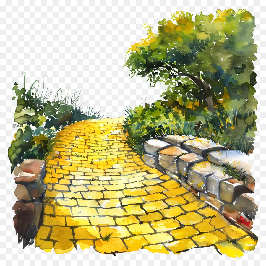 Jalan Batu Bata Kuning，Lukisan Cat Air PNG