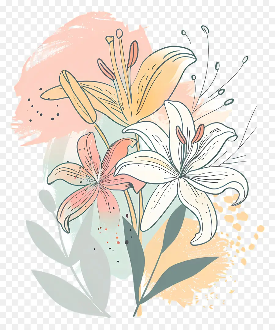 Buket Lily，Lukisan Cat Air PNG