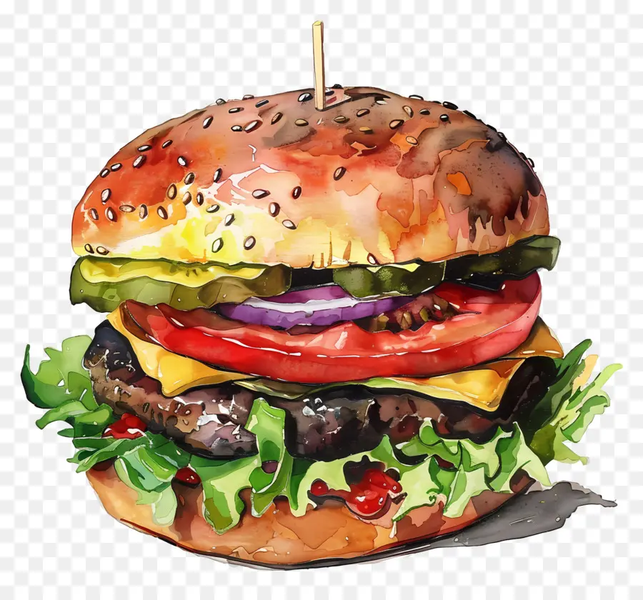 Hamburger，Lukisan Cat Air PNG