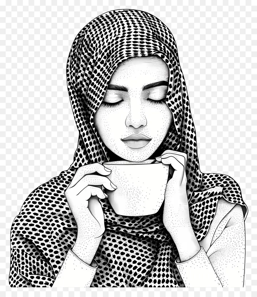 Gadis Islam，Memegang Cangkir Kopi PNG