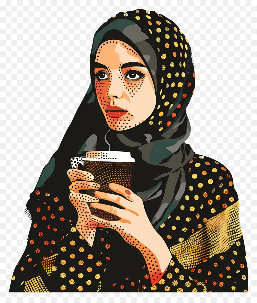 Gadis Islam，Memegang Cangkir Kopi PNG